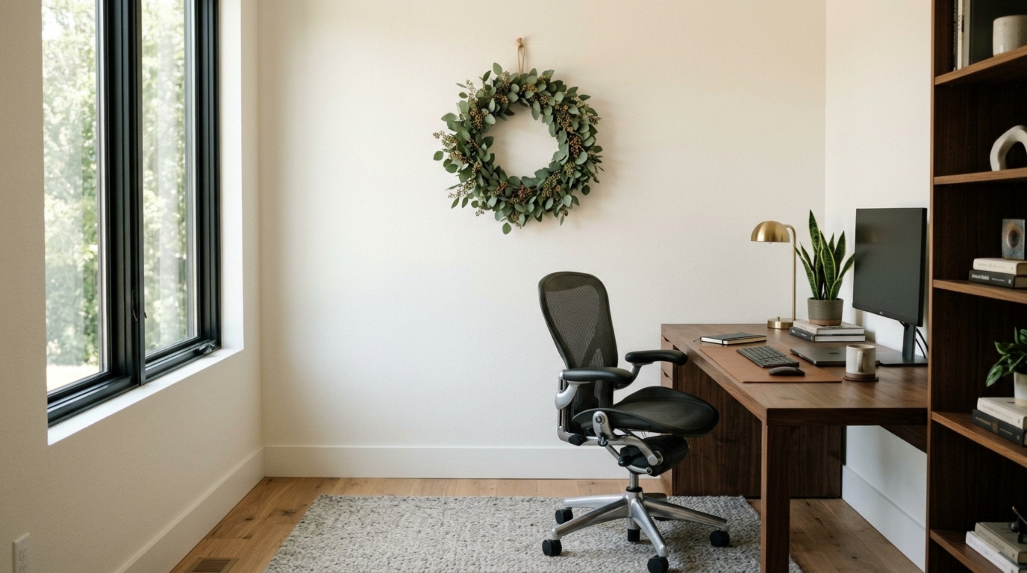 christmas decorating ideas for the office featuring a 30-inch chair clearance and a subtle festive wreath on a wall painted in Benjamin Moore Swiss Coffee christmas decorating ideas for the office featuring a 30-inch chair clearance and a subtle festive wreath on a wall painted in Benjamin Moore Swiss Coffee