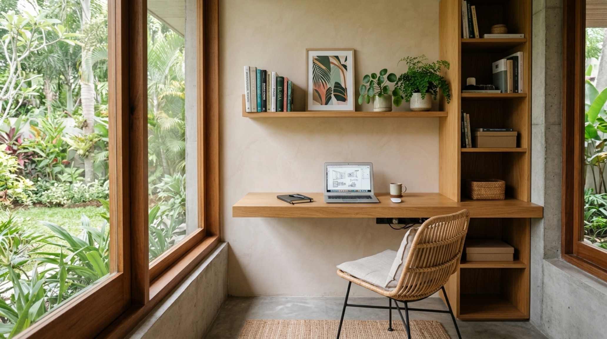 small space modern tropical architecture with a cantilevered white oak desk and integrated cable management in a compact home office small space modern tropical architecture with a cantilevered white oak desk and integrated cable management in a compact home office