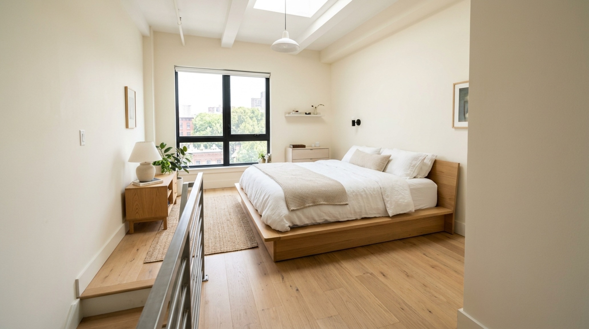 small space loft bedroom design showcasing a low-profile platform bed with a 36-inch circulation path and minimalist decor