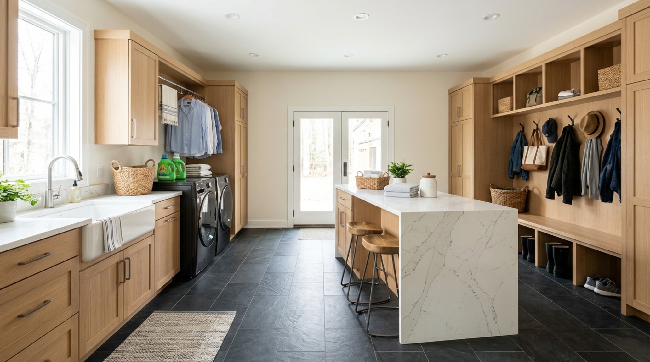 modern laundry room layout ideas ideas with a large-format slate floor and a 42-inch loading clearance between appliances and a central island. modern laundry room layout ideas ideas with a large-format slate floor and a 42-inch loading clearance between appliances and a central island.
