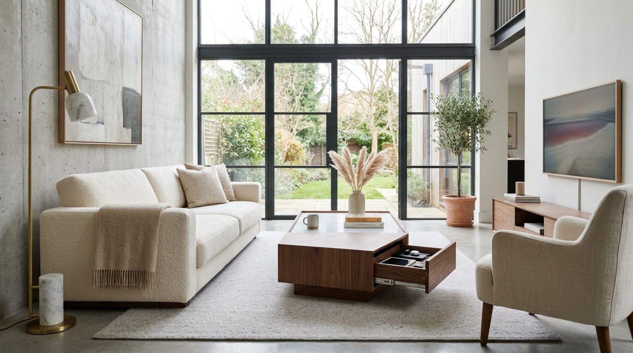 modern luxury living room furniture sets ideas with integrated wireless charging hidden within a solid walnut side table