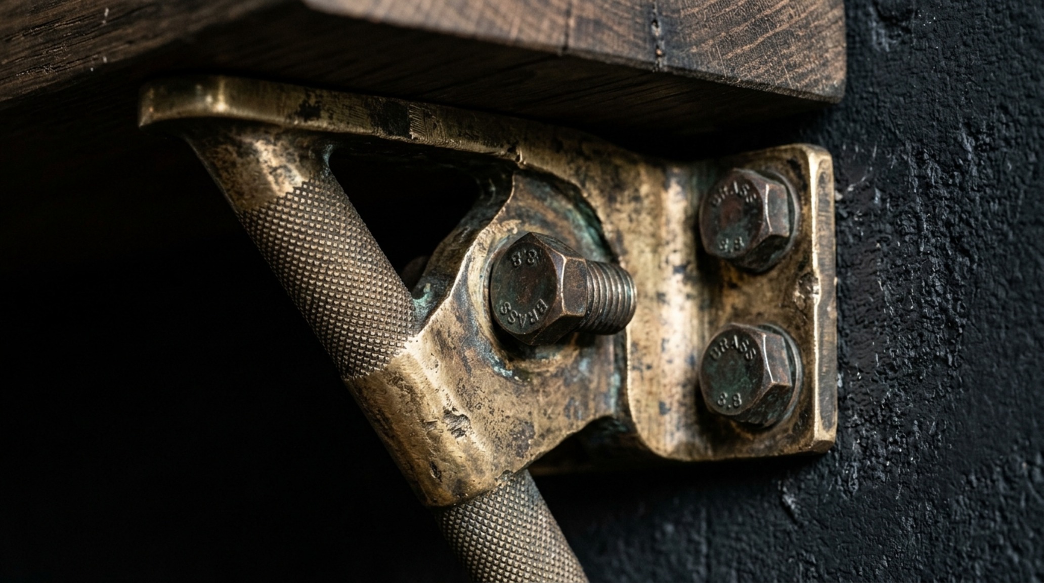 luxury unusual shelf brackets textures close-up of unlacquered brass hardware with visible hammer marks and industrial knurling for a tactile architectural finish