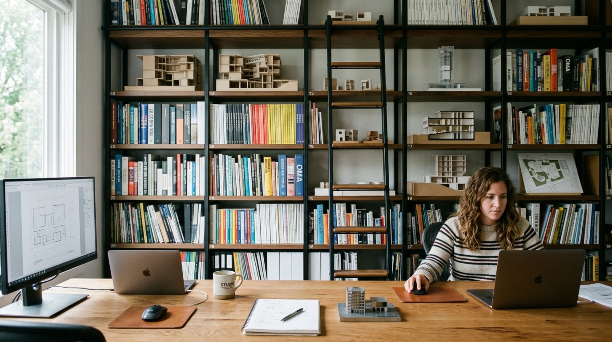 small space 30 shelves integrated into a compact home office with 12-inch deep storage and a rolling library ladder for vertical accessibility.