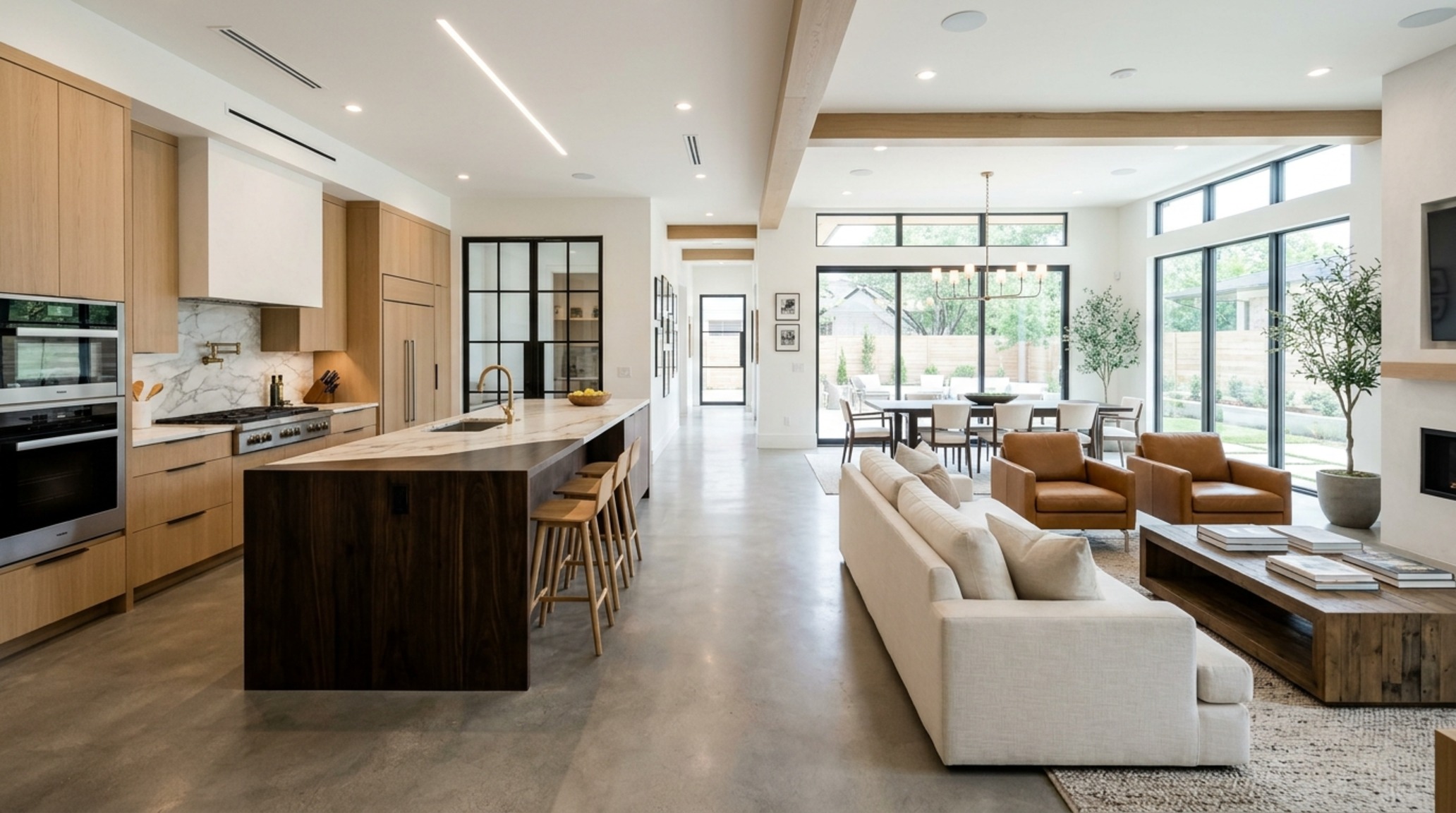 modern kitchen cabinet floor plans ideas displaying an open-concept flow between a galley kitchen and a sun-drenched dining area with 36-inch clearances.