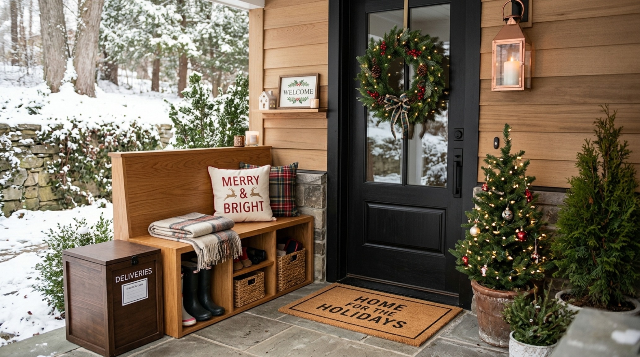 small space front door christmas decorating ideas utilizing a multi-functional wooden storage bench for boot removal and hidden package delivery.