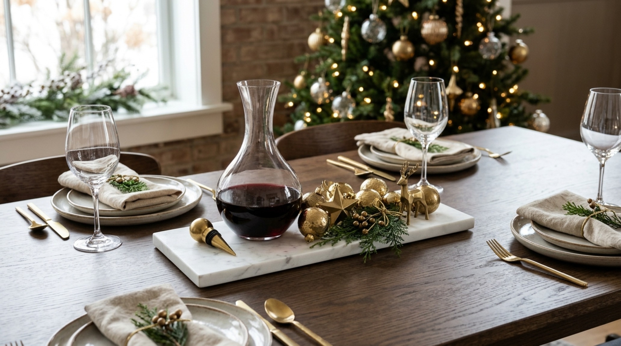 small space table decorations for christmas utilizing a multi-functional marble tray to organize festive accents and essential carafes on a narrow dining surface small space table decorations for christmas utilizing a multi-functional marble tray to organize festive accents and essential carafes on a narrow dining surface