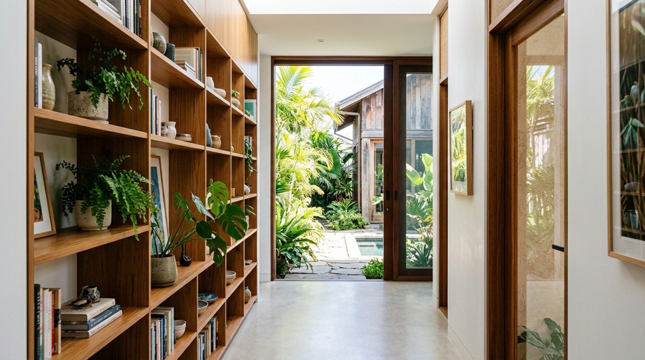 small space modern tropical architecture with a 36-inch wide circulation path and integrated library shelving in a transition zone small space modern tropical architecture with a 36-inch wide circulation path and integrated library shelving in a transition zone