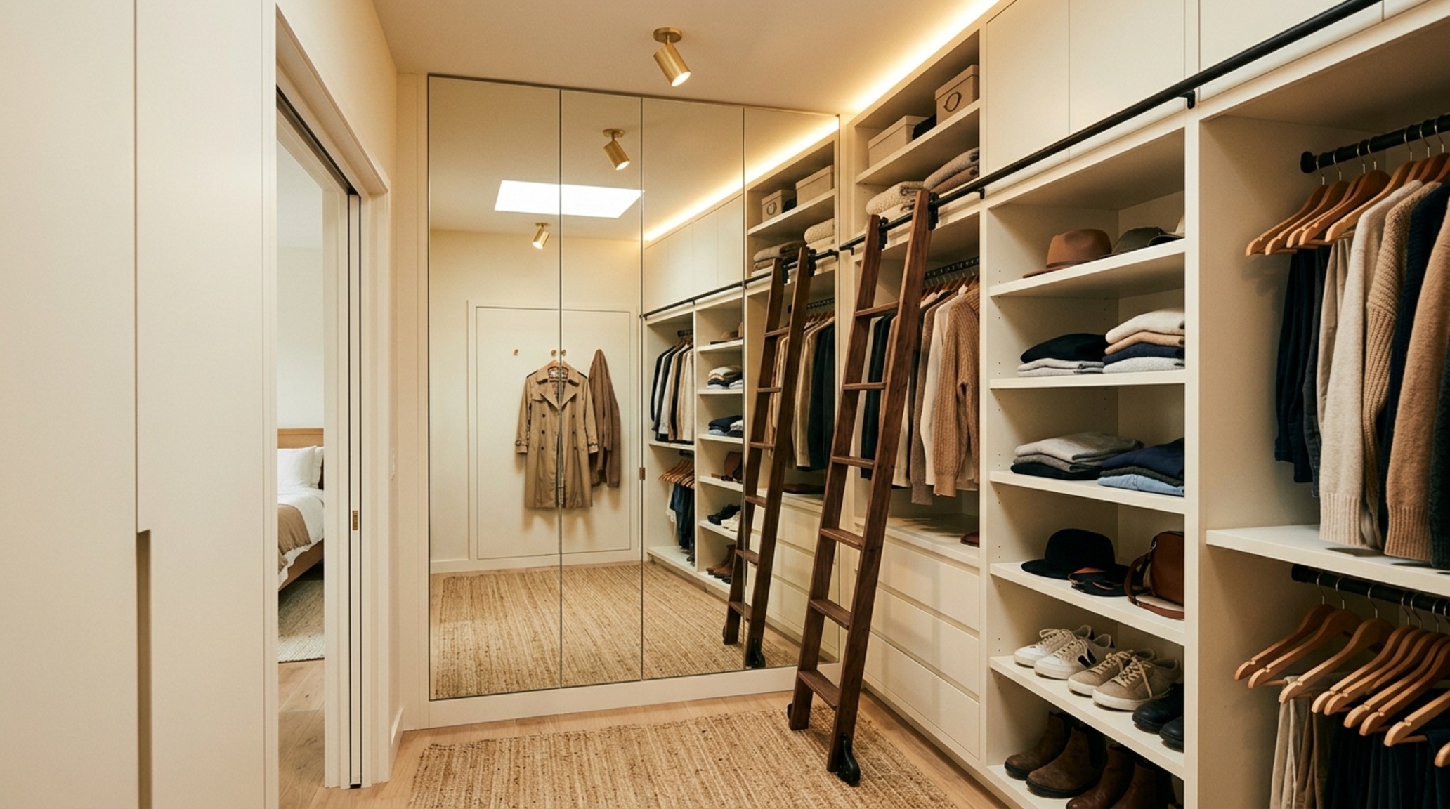 small space walk in clothes closet with integrated floor-to-ceiling mirrors and pull-out valet rods to optimize a narrow floor plan small space walk in clothes closet with integrated floor-to-ceiling mirrors and pull-out valet rods to optimize a narrow floor plan