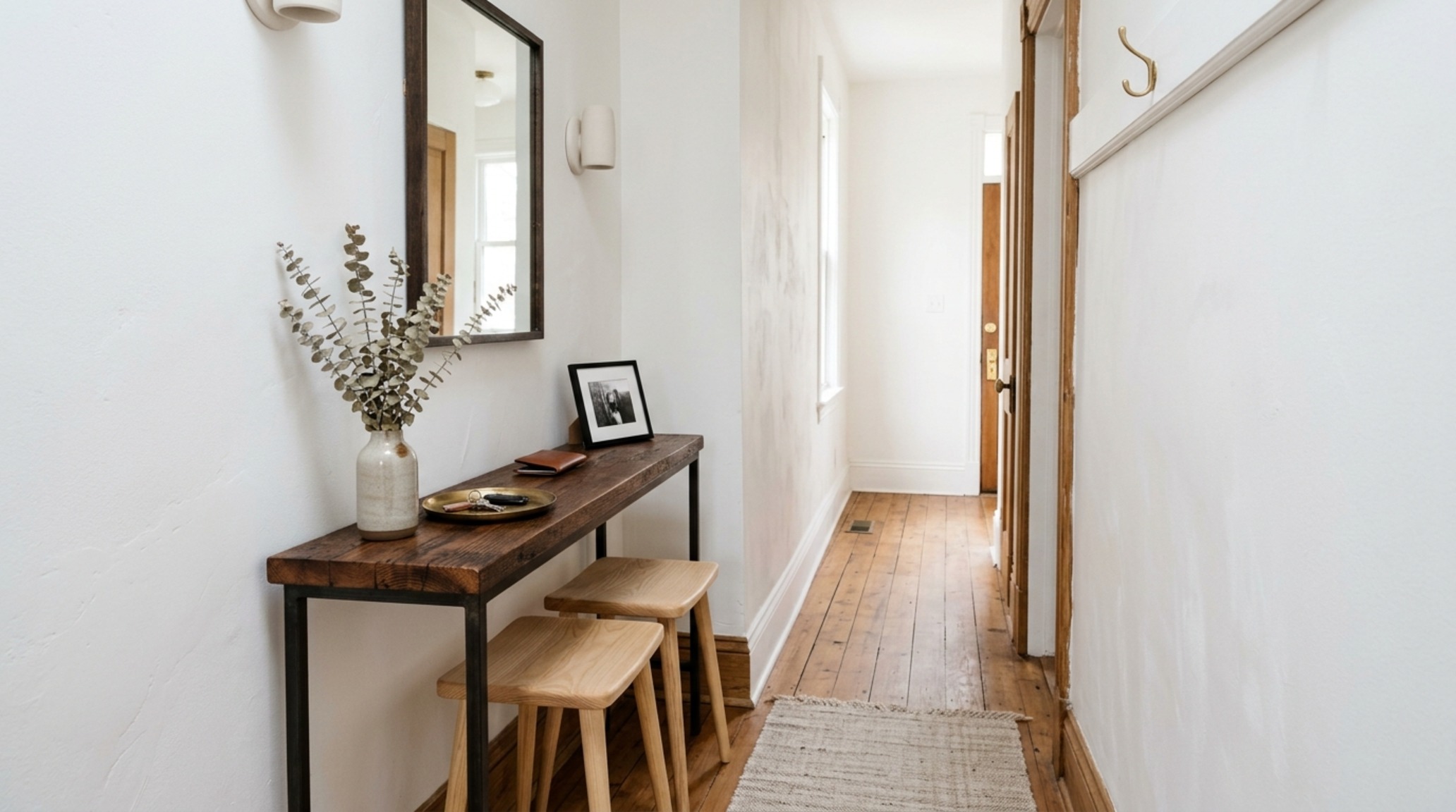 Small space modern rustic furniture including a pair of nested ash wood stools tucked under a slim console table in a narrow hallway. Small space modern rustic furniture including a pair of nested ash wood stools tucked under a slim console table in a narrow hallway.