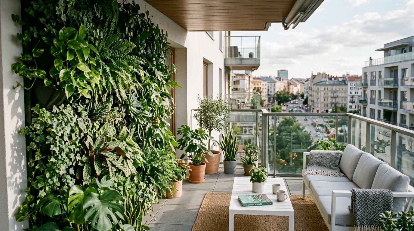 High-resolution view of a modern small apartment balcony layout with vertical garden walls and slim-profile seating under soft morning light.