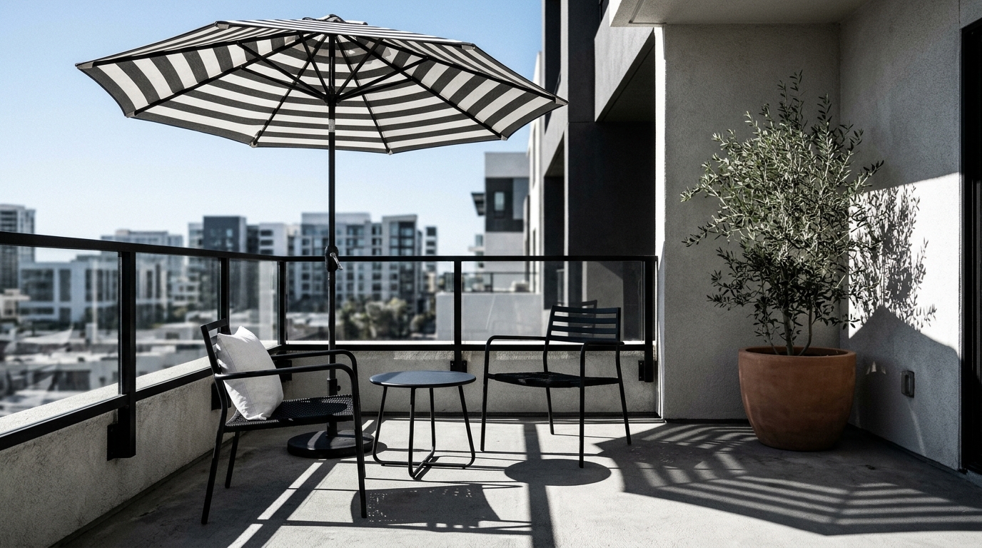 Modern small apartment balcony ideas featuring a minimalist black-and-white striped umbrella and sleek charcoal metal furniture.
