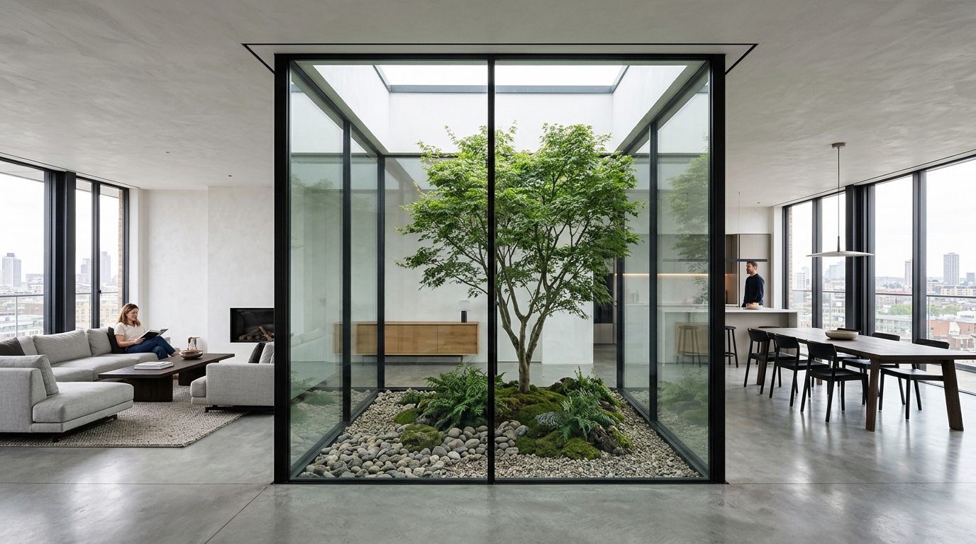 Minimalist modern apartment with a central light well and sliding glass doors, emphasizing small apartment balcony ideas architecture and spatial flow.
