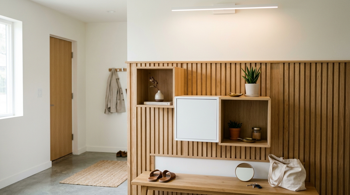 Minimalist Japandi entryway with white oak wall slats and floating Ikea Eket cabinets in a staggered vertical composition.