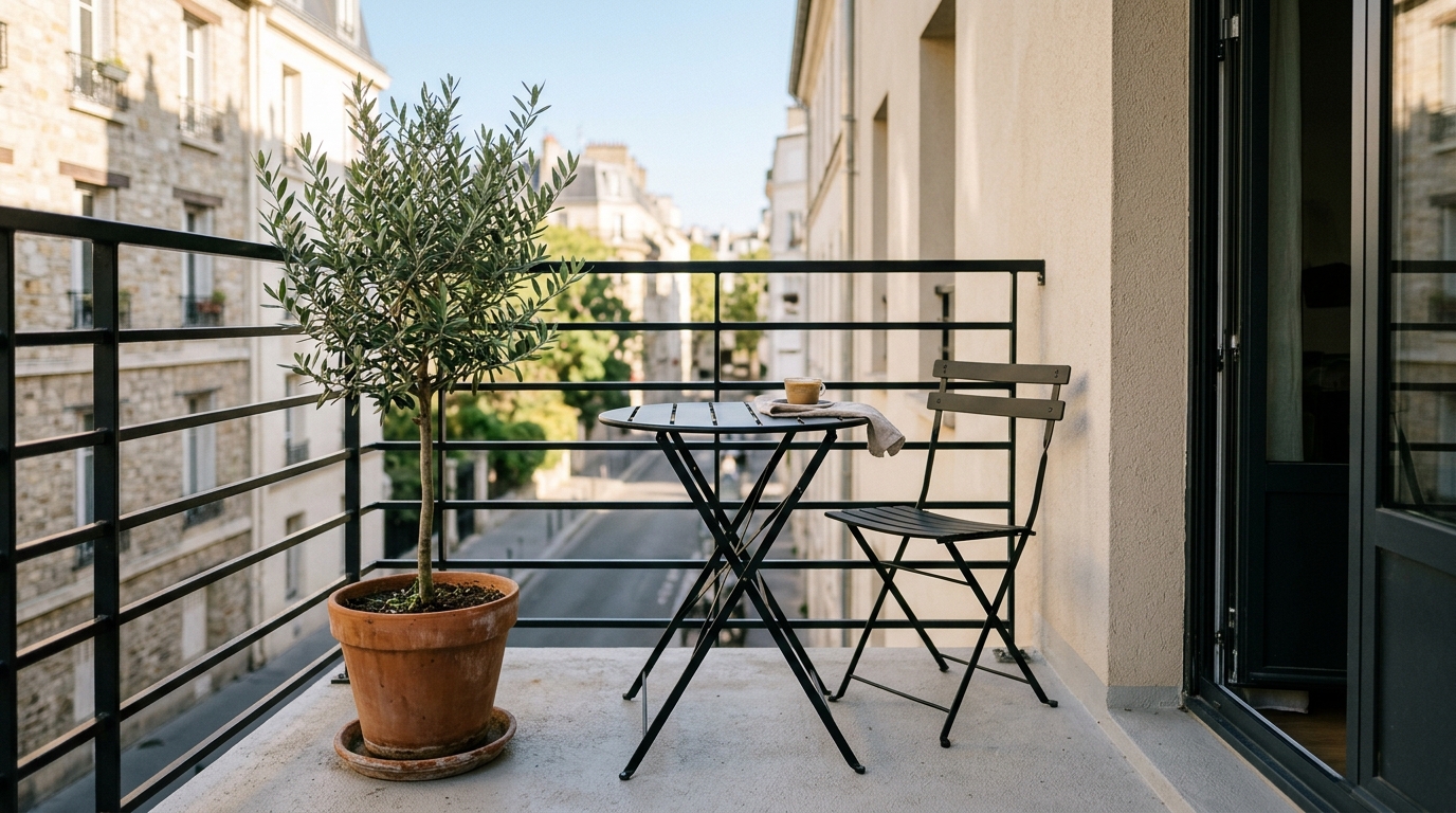 Minimalist bistro set on a small balcony with a folding table and slim-profile chairs, illustrating space-saving small apartment balcony ideas layout.