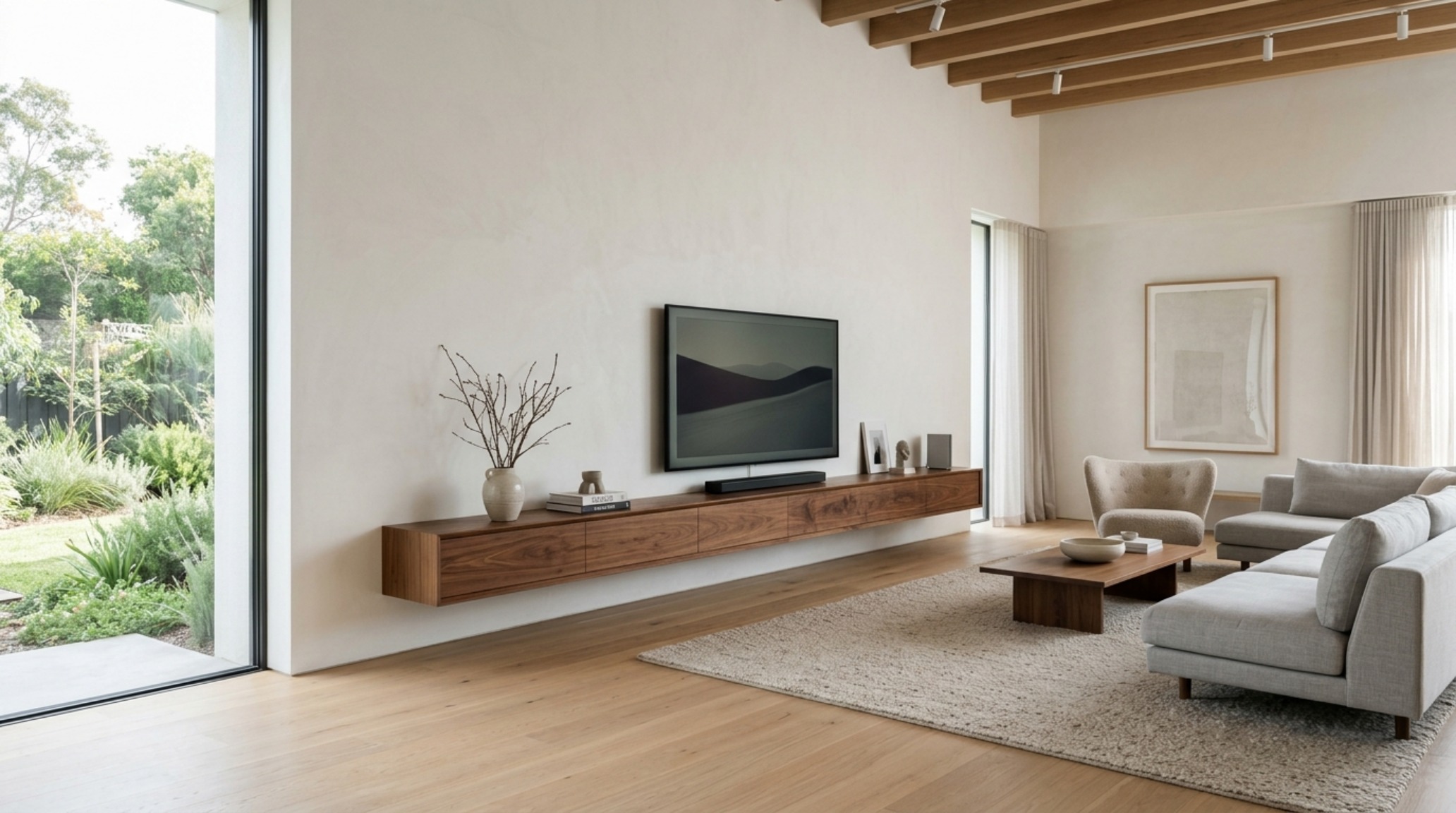 A living room floating shelves ideas layout featuring a 30-inch high floating credenza used as a media console and record player station, maintaining a clear floor plane.