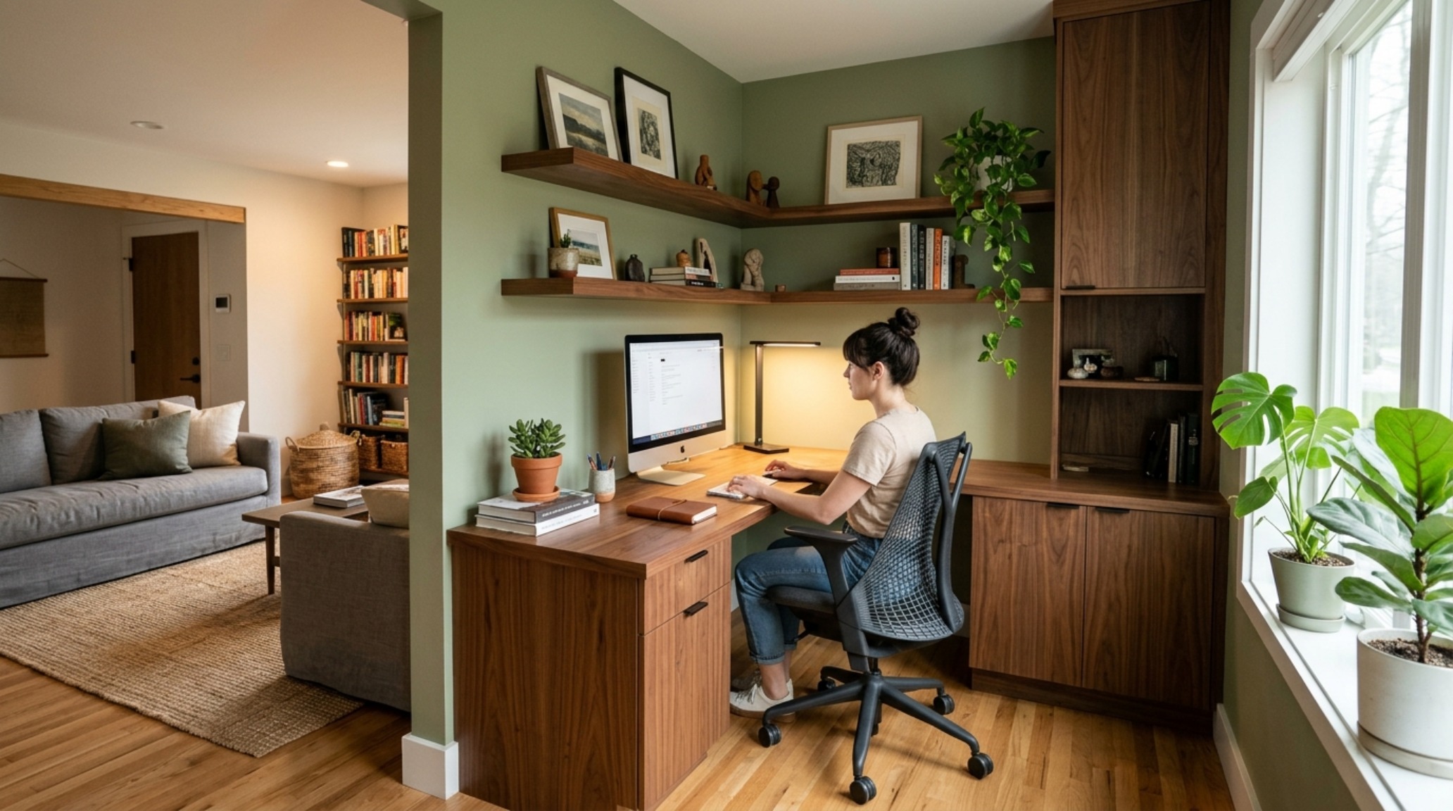 A sophisticated sage green living room layout featuring a minimalist workspace integrated into a brown oak bookshelf system with clean sightlines. A sophisticated sage green living room layout featuring a minimalist workspace integrated into a brown oak bookshelf system with clean sightlines.
