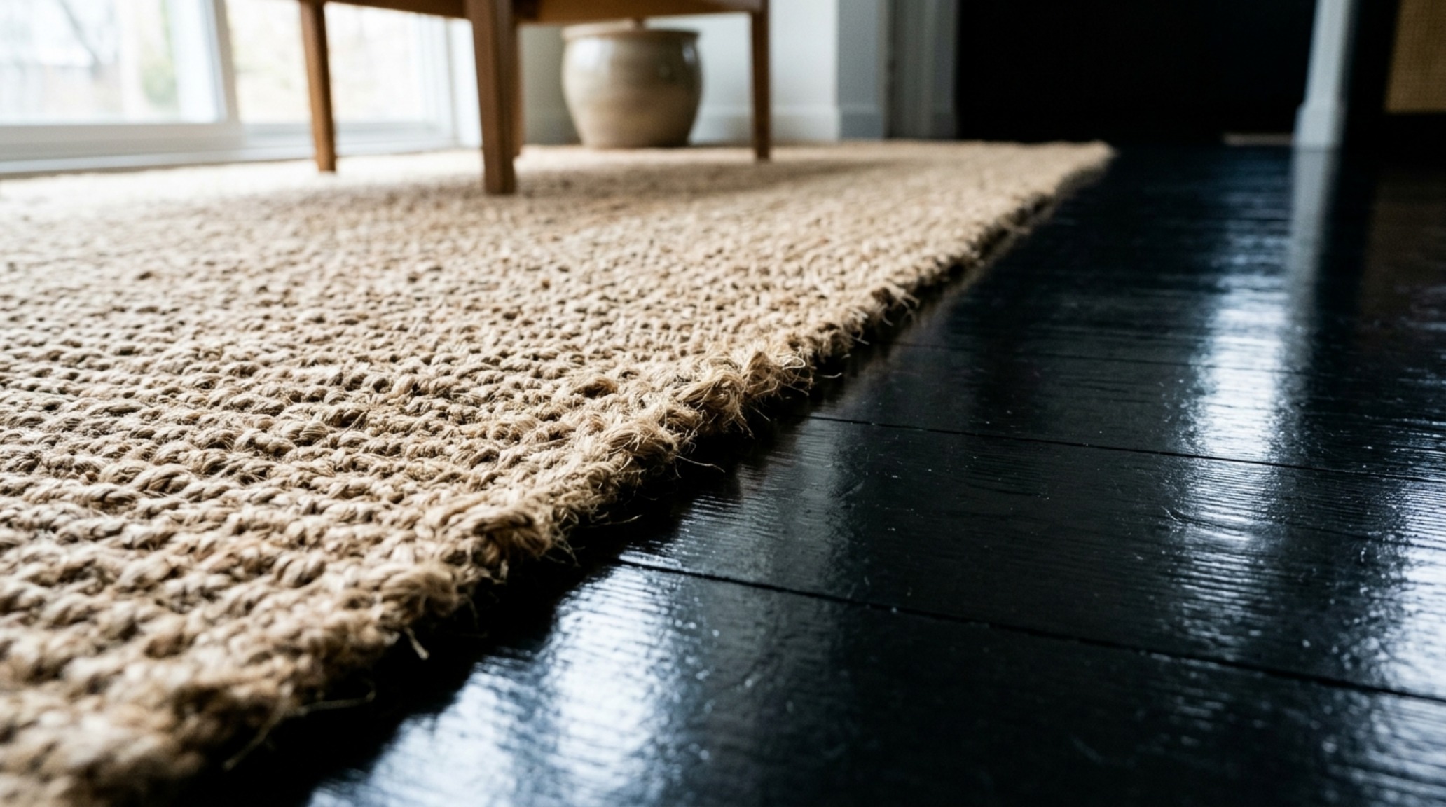 A shot of a large-scale sisal rug meeting a high-gloss black floor, highlighting the contrast of luxury nick olsen studio apartment video 0711 decor ideas textures.