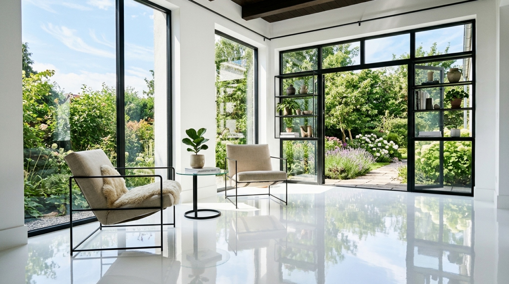 Modern sunroom with high-gloss white painted floors reflecting 3000K task lighting for increased luminosity.