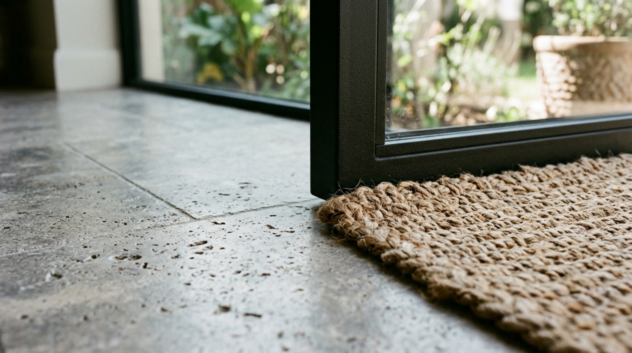 Close-up of luxury enclose screened porch decor ideas textures including a honed travertine floor, a thick jute rug, and a matte black steel window frame reflecting soft light.