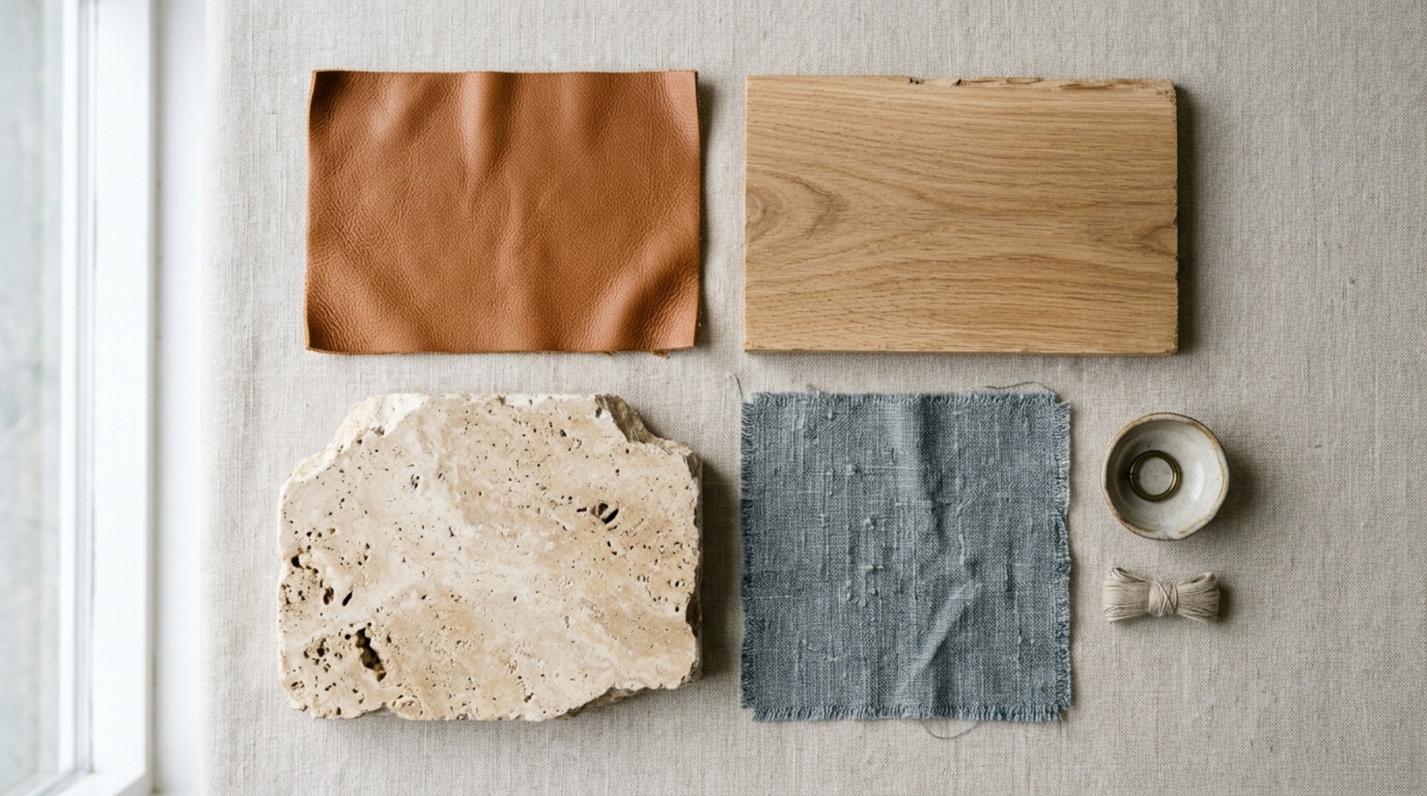 Close-up of tactile materials including woven seagrass, top-grain leather, and rough-hewn timber, highlighting coastal cowgirl design trend decor ideas materiality.