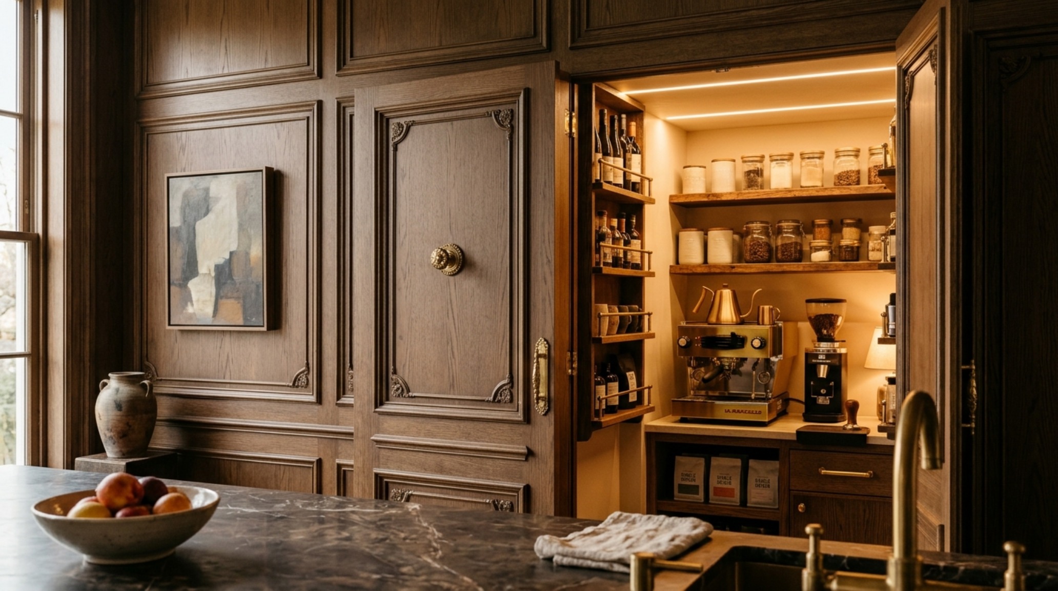 A dedicated coffee station and wine storage nook integrated into a small pantry layout, featuring 2700K warm ambient lighting and fluted wood details.
