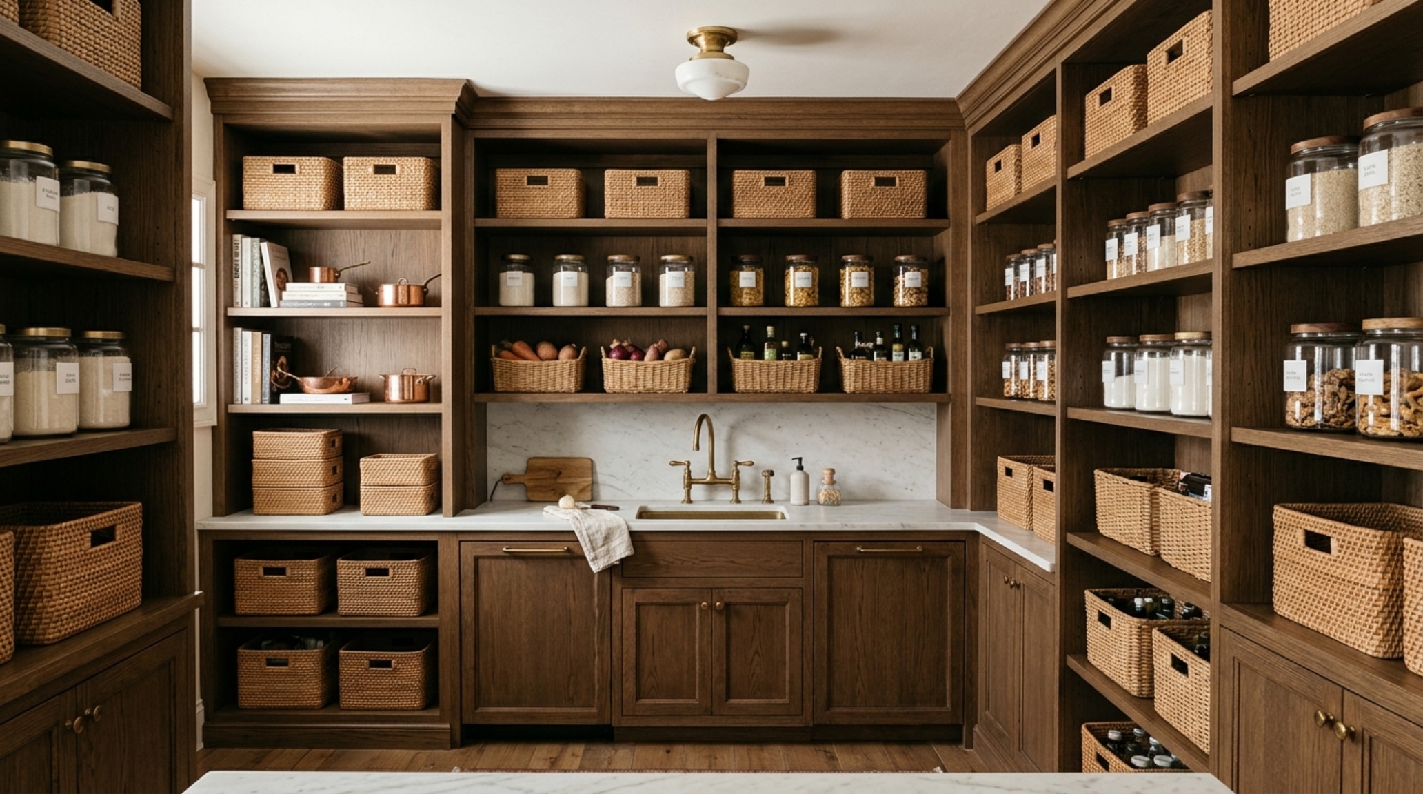 Symmetry in a modern pantry featuring glass-fronted cabinets and uniform decanted spices on 12-inch deep fluted oak shelving.