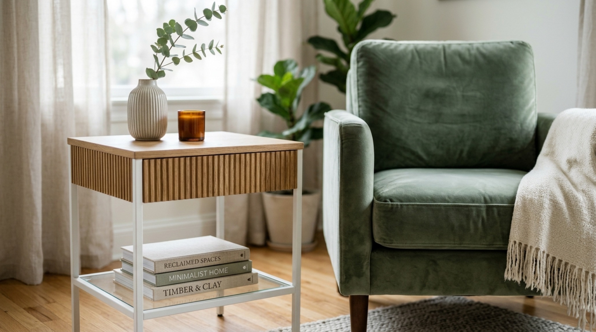 Lush editorial shot of an ikea vittsjoe side table for small decor ideas with fluted wood accents and a matte ceramic vase.