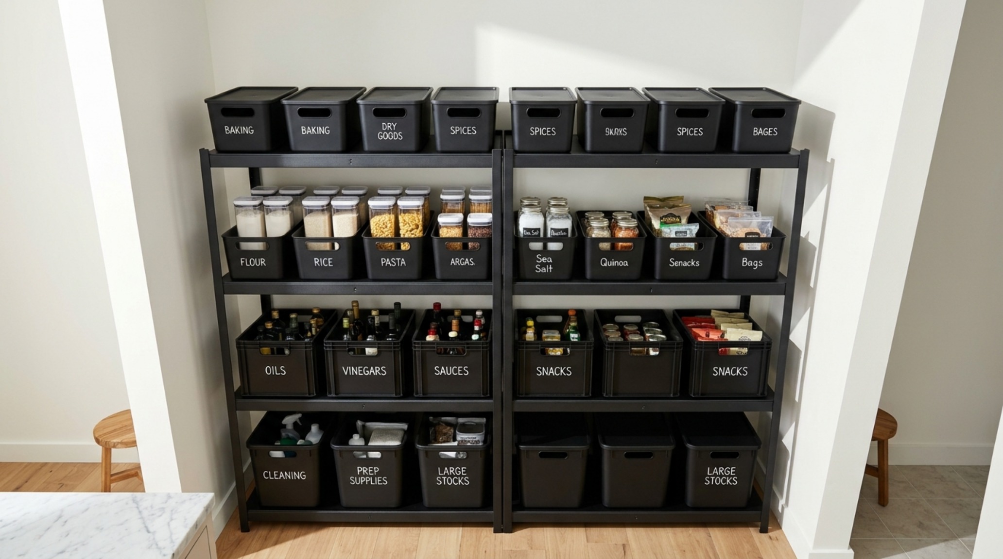 High-angle view of a compact reach-in pantry showing a 12-inch shelf depth optimization for professional-grade small pantry organization ideas. High-angle view of a compact reach-in pantry showing a 12-inch shelf depth optimization for professional-grade small pantry organization ideas.