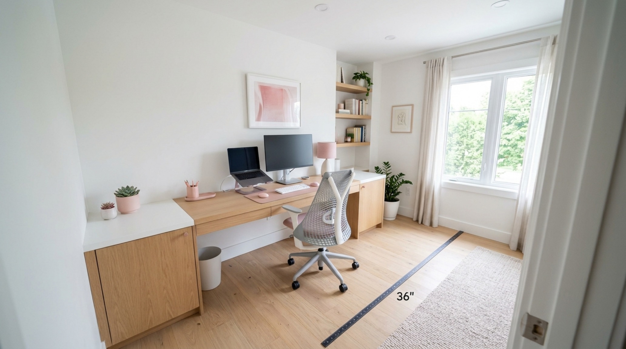 Minimalist home office with a pink lacquer desk and ergonomic chair placement within a compact barbie movie dreamhouse pink paint shortage decor ideas architecture framework.