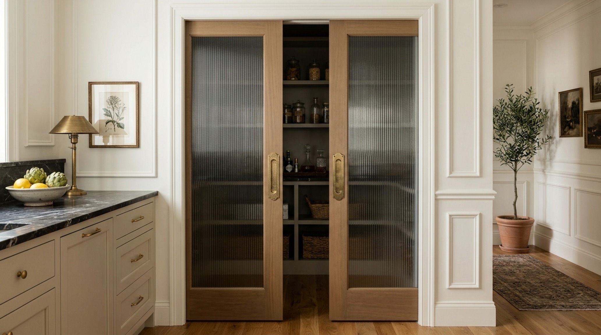 Minimalist pantry with fluted glass doors and unlacquered brass hardware, highlighting 2025 design trends.