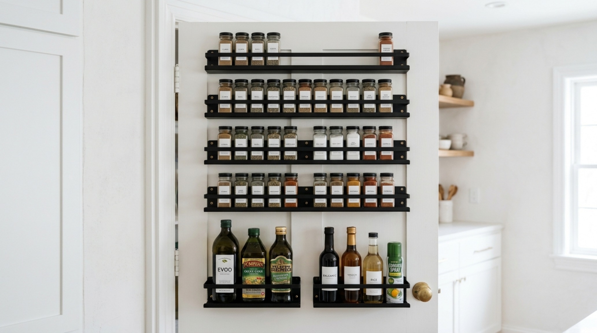Back-of-door organization system using sleek powder-coated steel rails for oils and spices, maximizing every inch of a small pantry footprint.