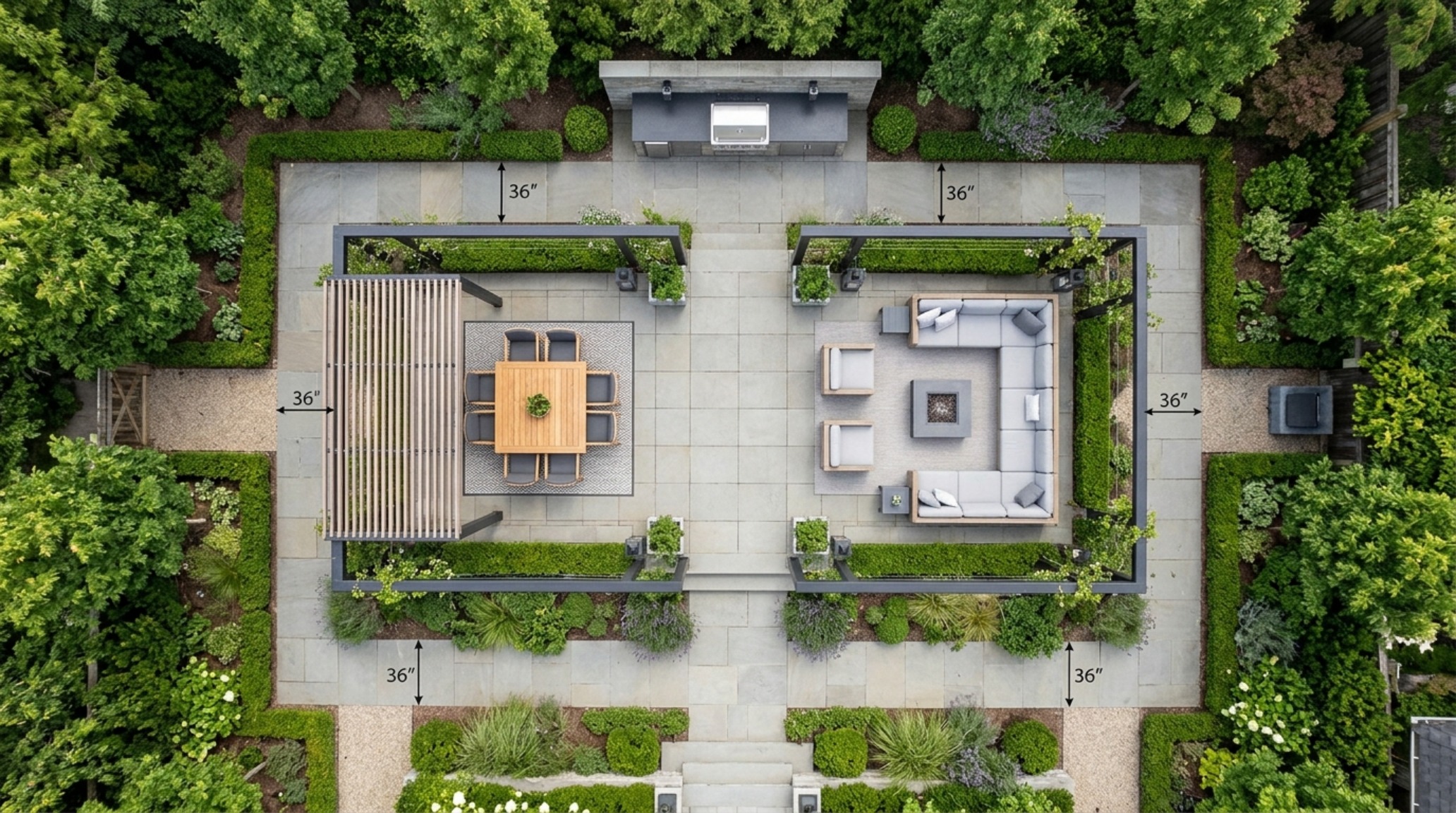 A birds-eye view of a functional porch layout showing distinct dining and lounging zones with 36-inch clear walking paths for guest flow. A birds-eye view of a functional porch layout showing distinct dining and lounging zones with 36-inch clear walking paths for guest flow.