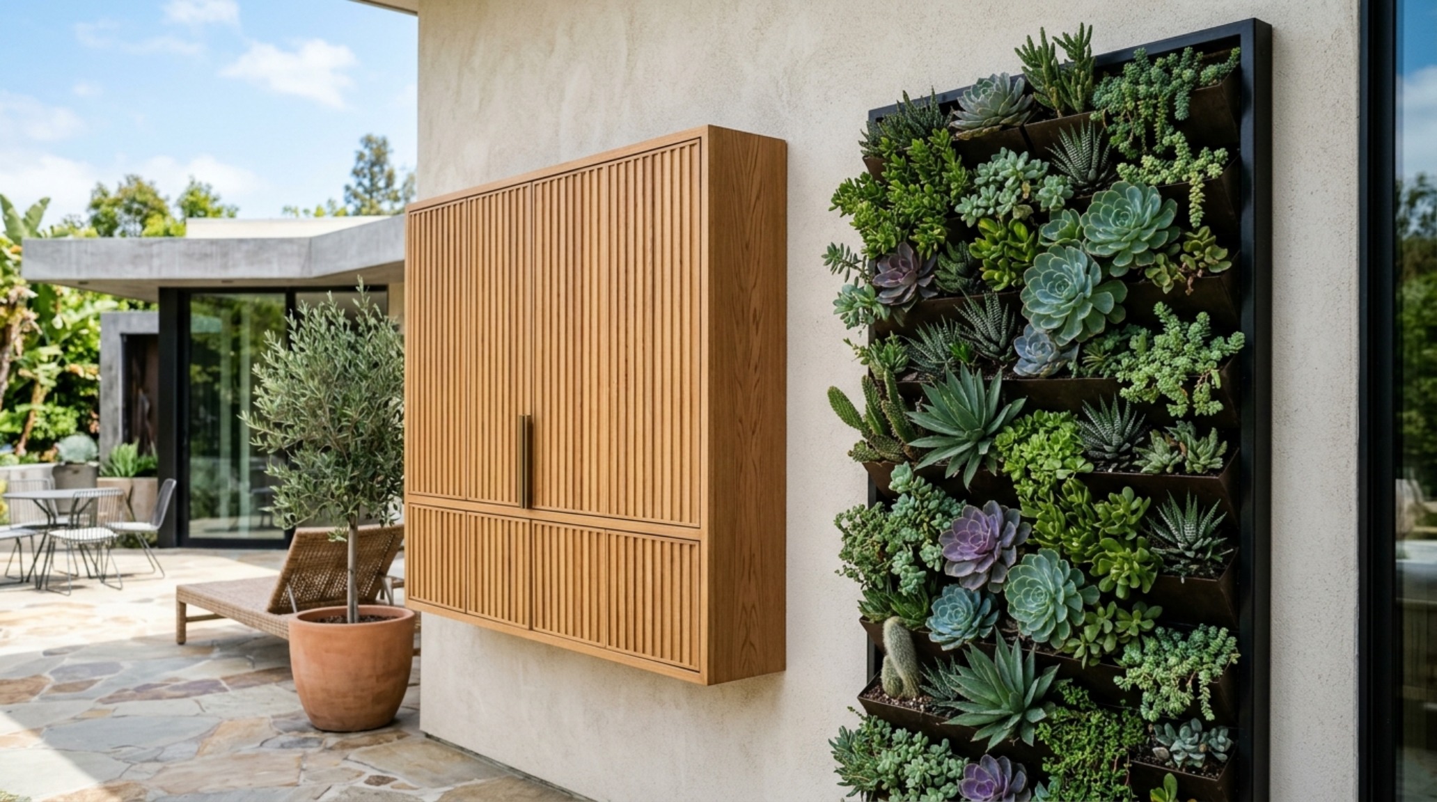 Architectural perspective of a small balcony with a vertical garden and wall-mounted entertainment system, illustrating eye-level design principles. Architectural perspective of a small balcony with a vertical garden and wall-mounted entertainment system, illustrating eye-level design principles.