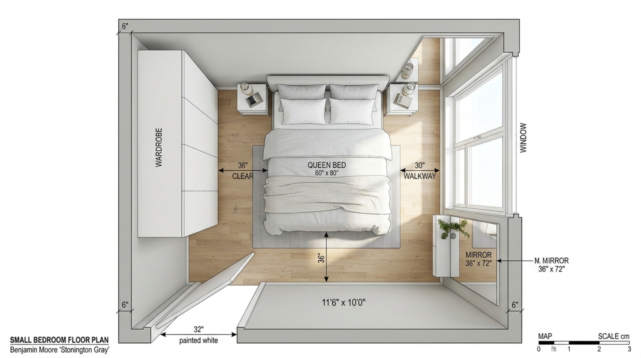 small space bright bedroom color ideas focusing on a 36-inch walkway clearance between a light-toned bed and a wall-mounted mirror small space bright bedroom color ideas focusing on a 36-inch walkway clearance between a light-toned bed and a wall-mounted mirror