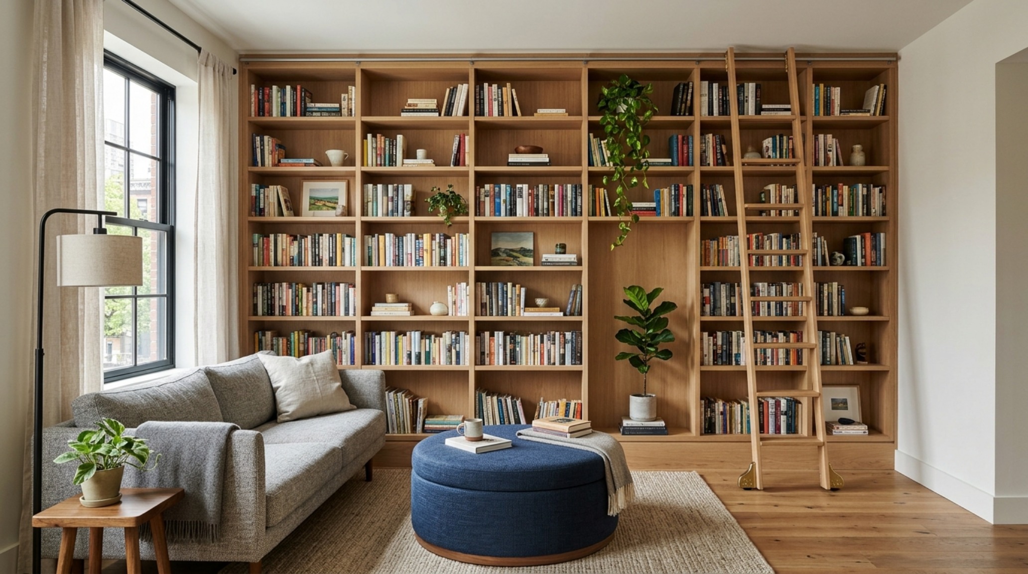 small space interior decoration ideas for living room including custom floor-to-ceiling shelving and a multi-functional performance ottoman small space interior decoration ideas for living room including custom floor-to-ceiling shelving and a multi-functional performance ottoman