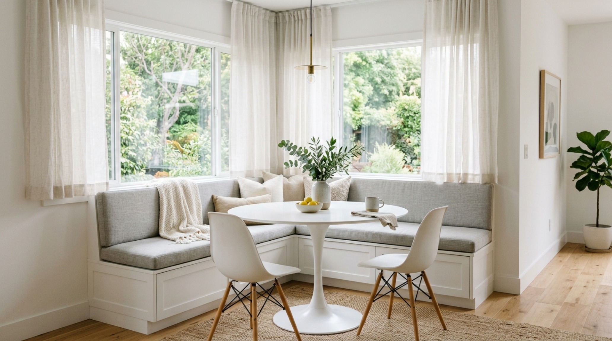 modern interior design advice ideas featuring a custom built-in dining banquette with integrated storage drawers and a low-profile tulip table modern interior design advice ideas featuring a custom built-in dining banquette with integrated storage drawers and a low-profile tulip table