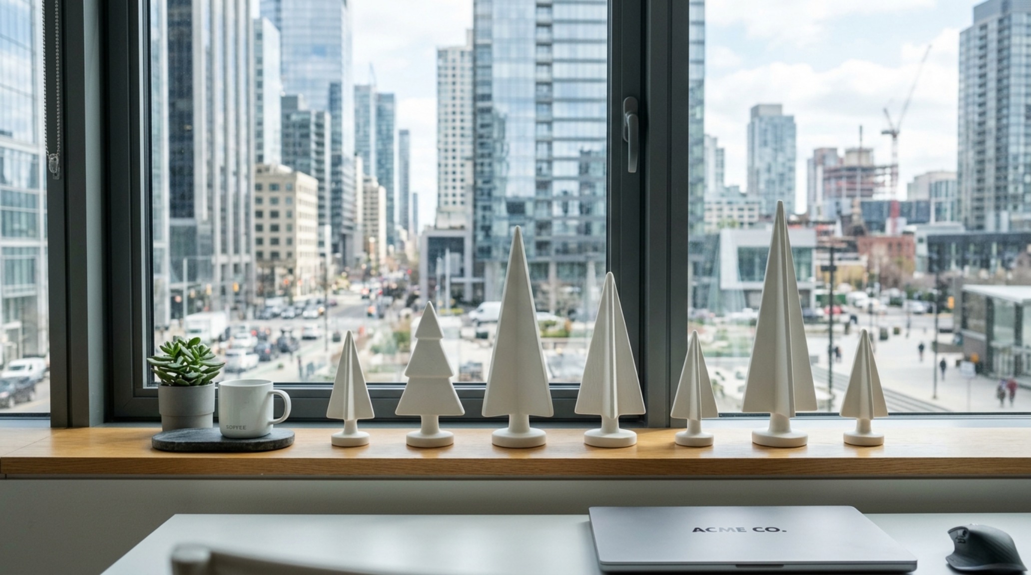 small space christmas decorating ideas for the office with slim-profile ceramic trees on a 12-inch deep window ledge in a compact studio small space christmas decorating ideas for the office with slim-profile ceramic trees on a 12-inch deep window ledge in a compact studio