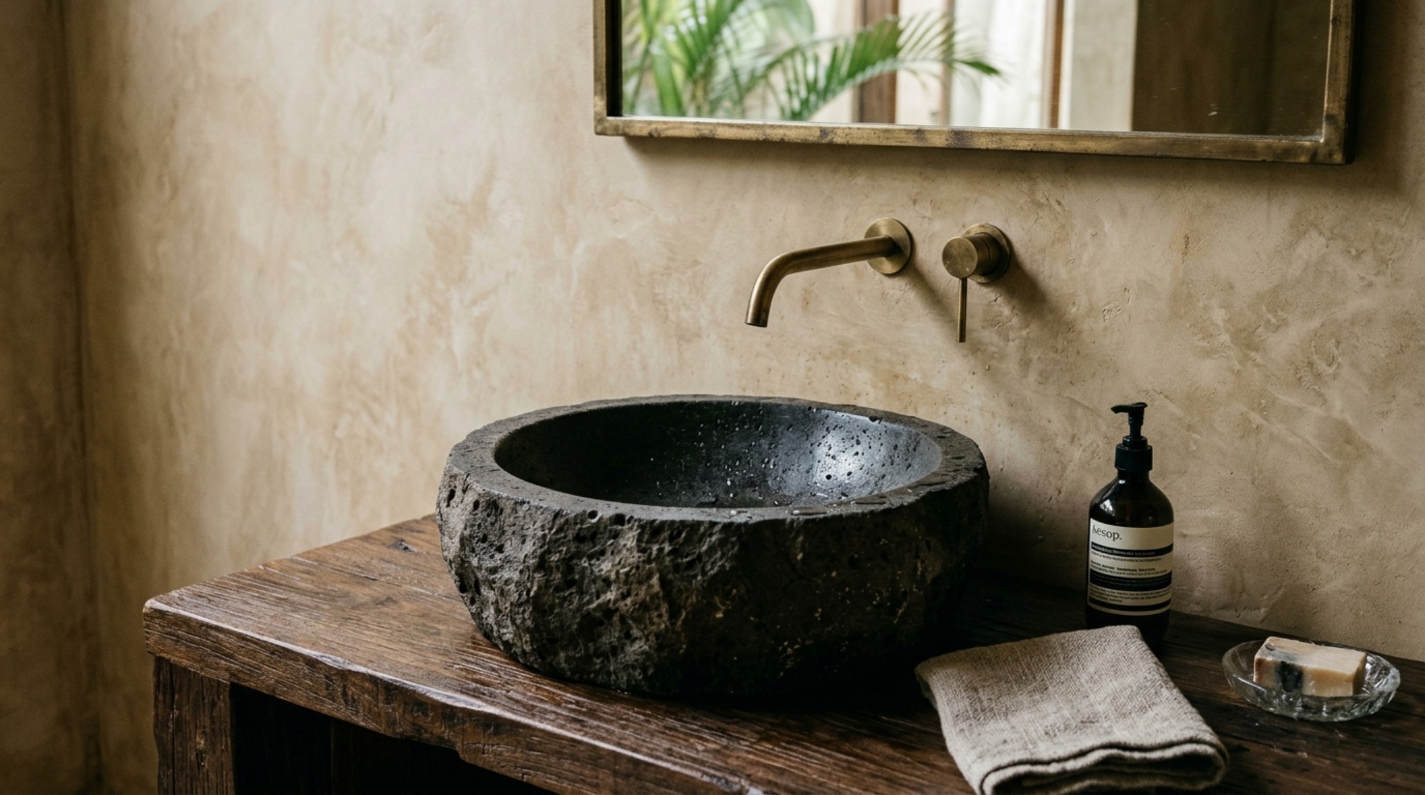 luxury modern tropical architecture textures showcasing a bathroom with a volcanic stone vessel sink and aged brass wall-mounted hardware luxury modern tropical architecture textures showcasing a bathroom with a volcanic stone vessel sink and aged brass wall-mounted hardware