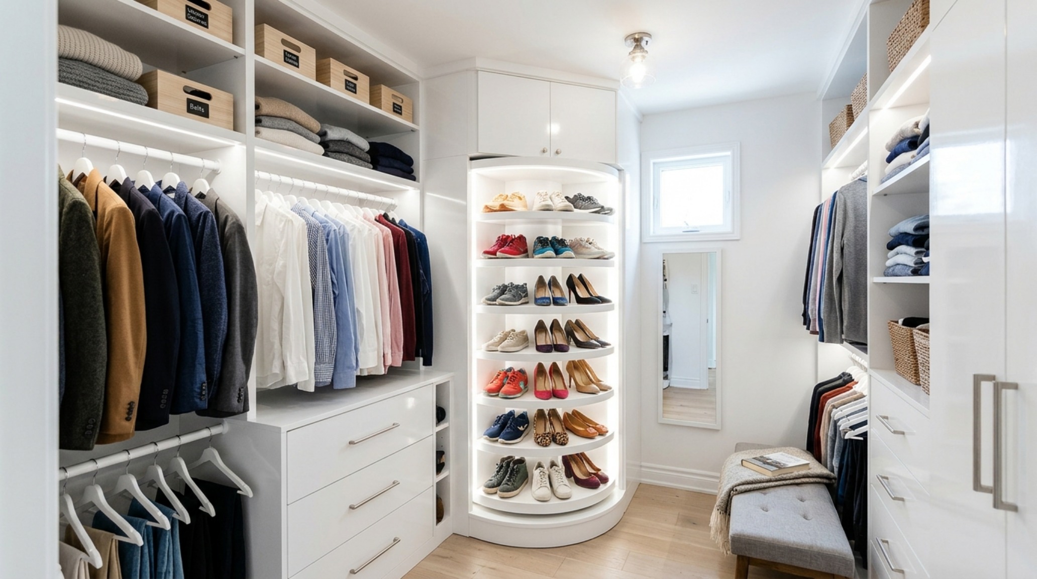 Small space walk in clothes closet with pull-out shoe racks and slim-profile velvet hangers to optimize rod density.
