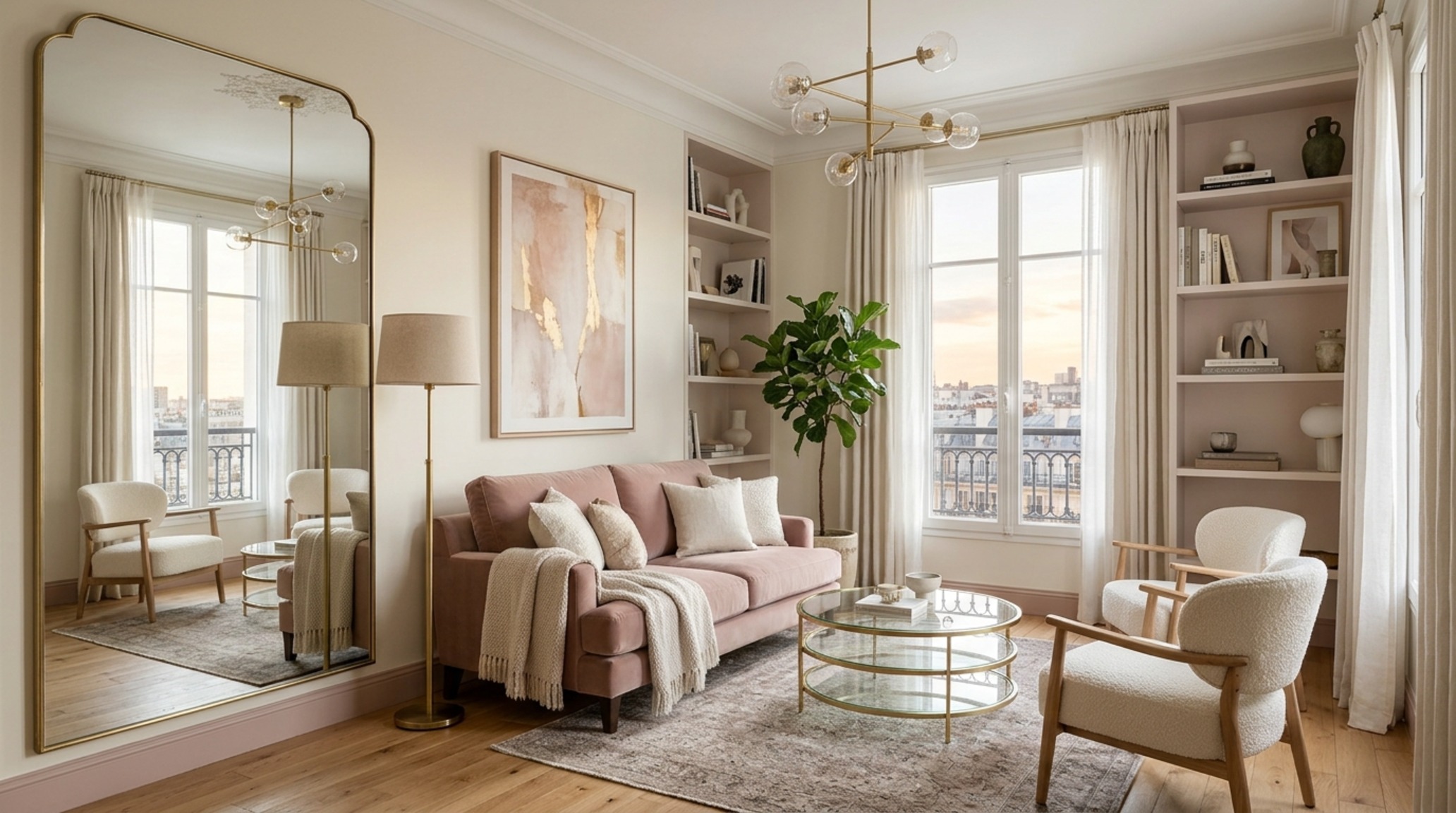 small space luxury living room furniture sets featuring an oversized mirror to double visual depth behind a tailored loveseat