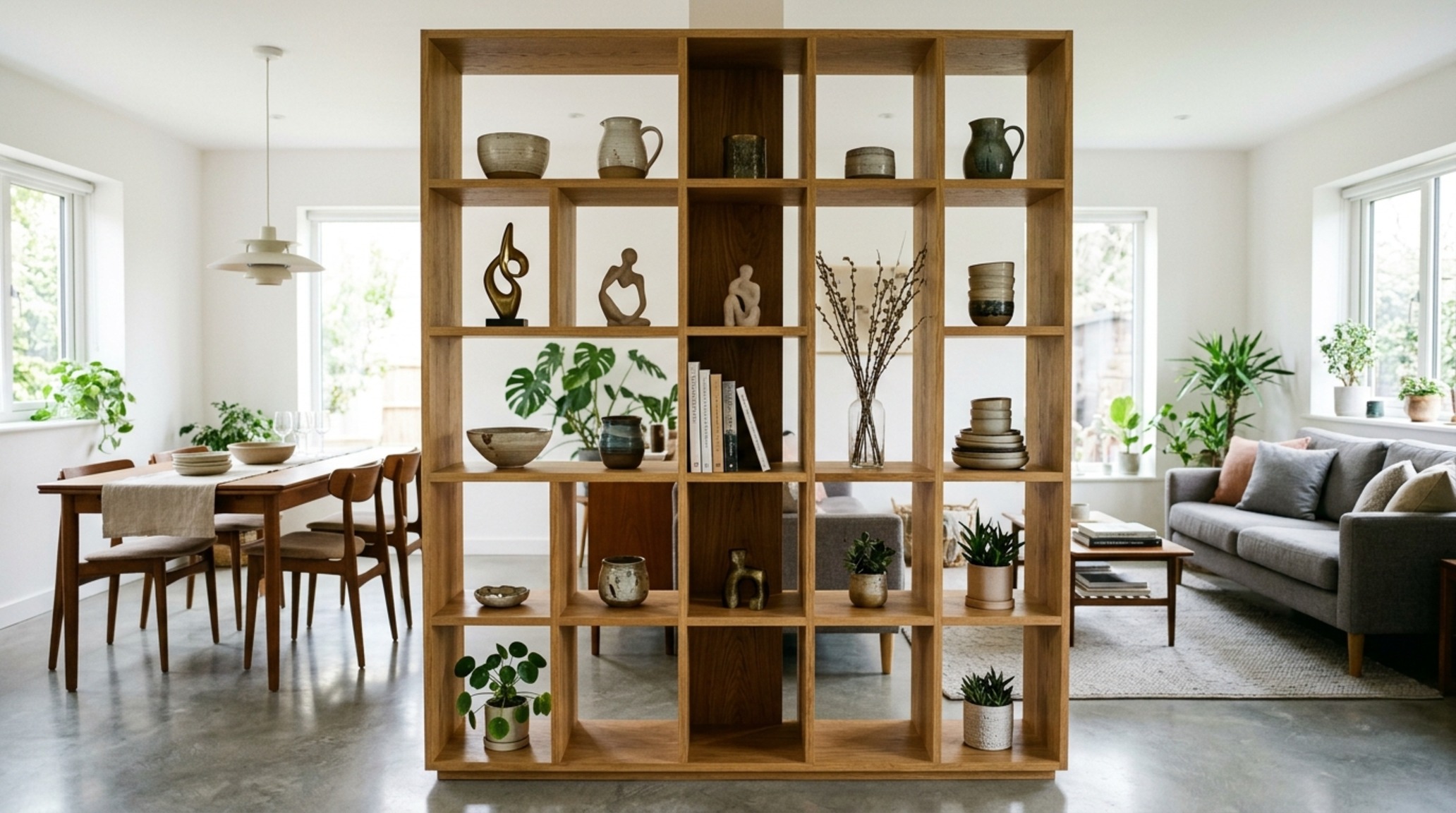 modern 30 shelves ideas showcasing a double-sided room divider with open and closed compartments to define a foyer and living area.