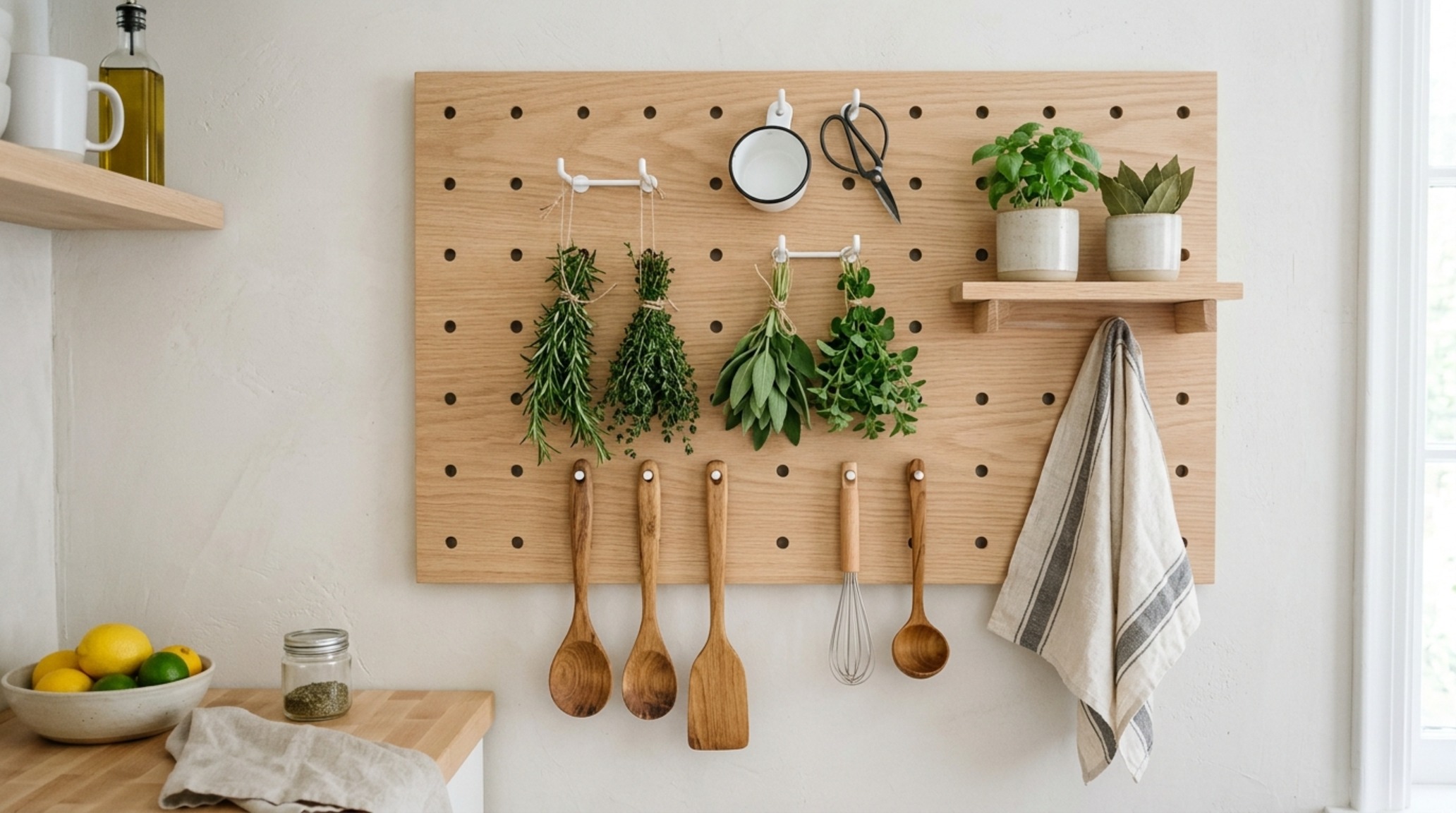 small space modern kitchen wall decor featuring a bespoke white oak pegboard system for modular culinary tool organization. small space modern kitchen wall decor featuring a bespoke white oak pegboard system for modular culinary tool organization.