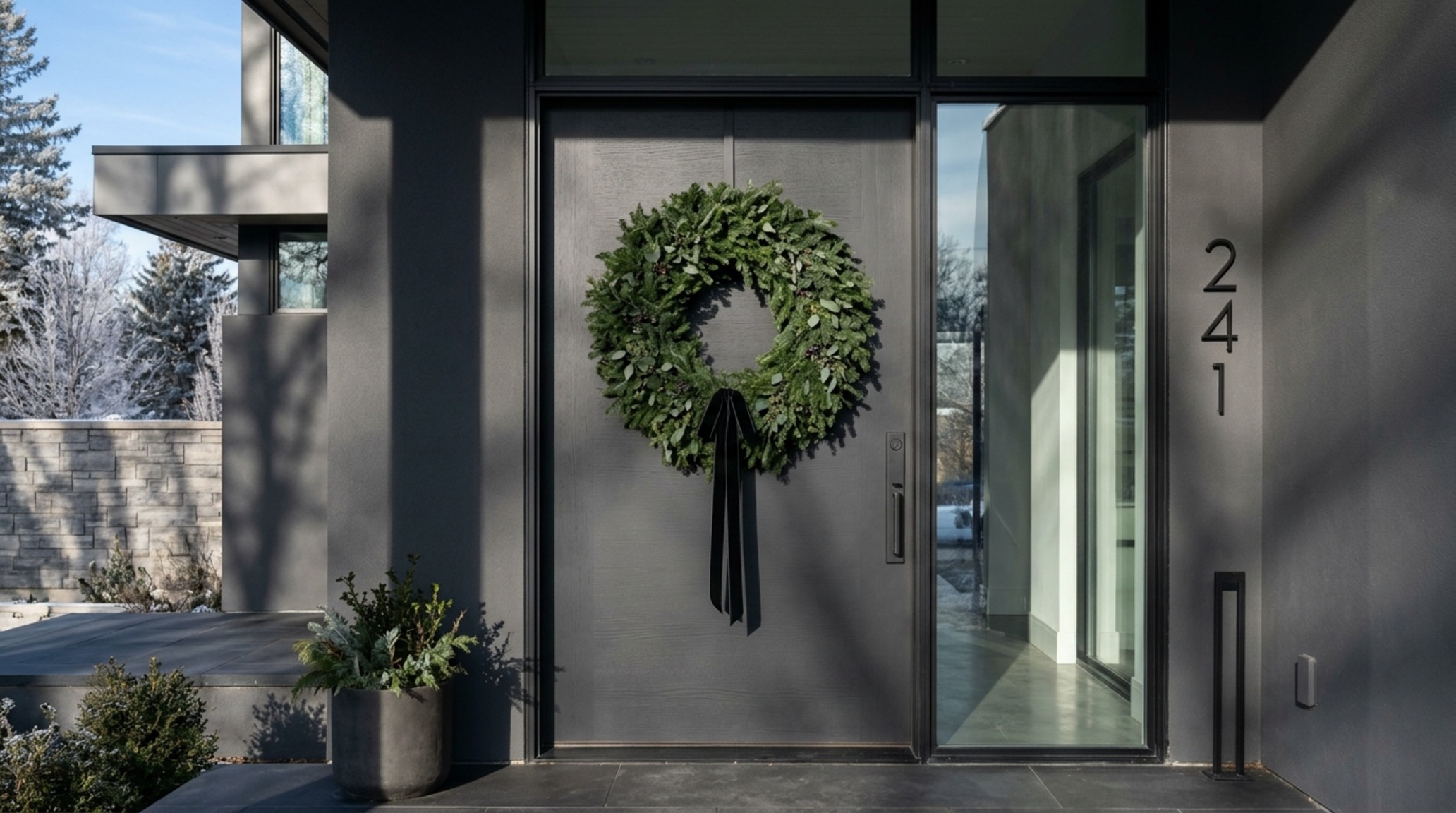 modern front door christmas decorating ideas ideas with a minimalist Eucalyptus wreath and architectural shadow play on a concrete facade.