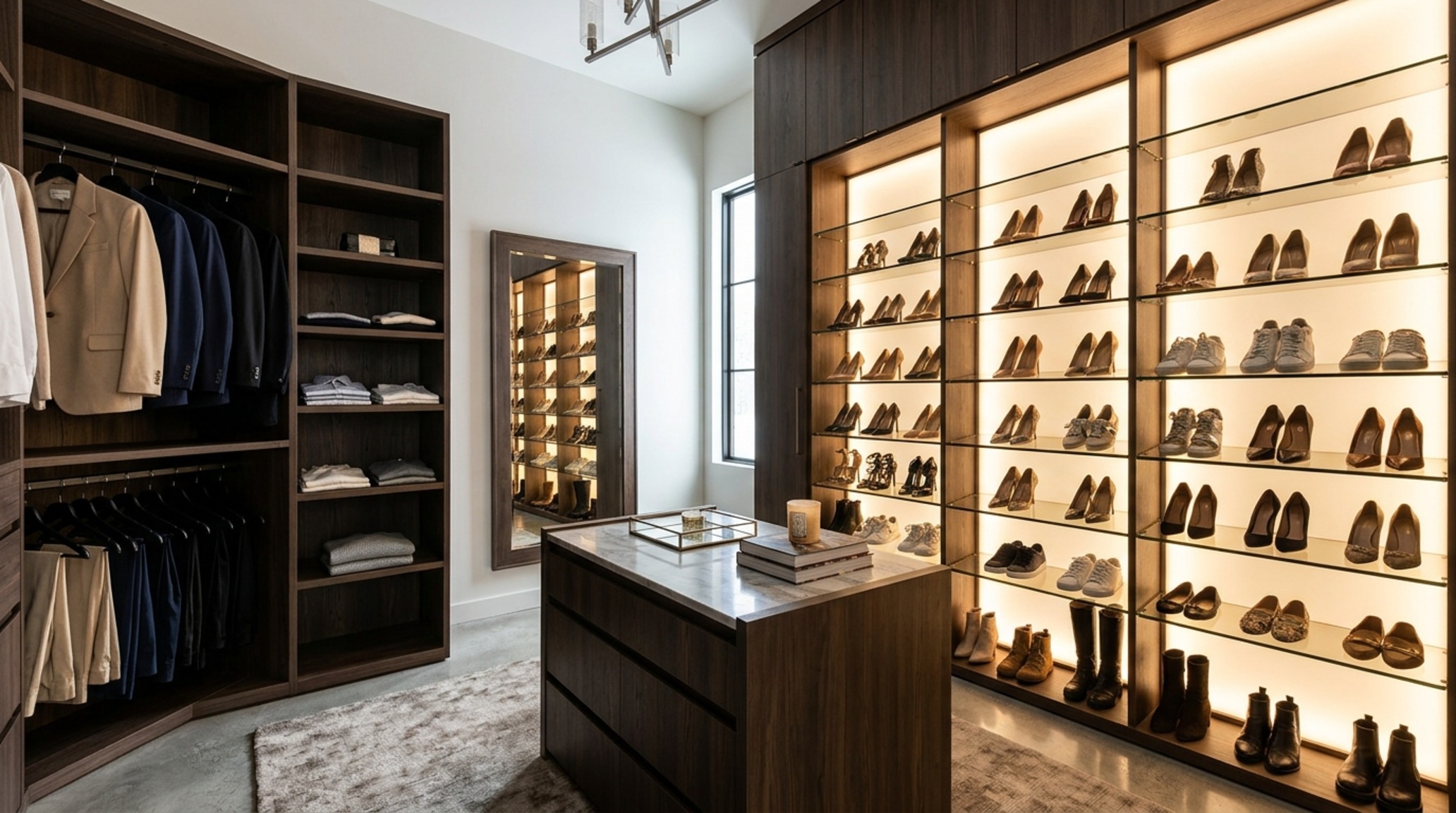 walk in clothes closet lighting guide illustrating the use of diffused opaline light fixtures and task lighting for a custom vanity area walk in clothes closet lighting guide illustrating the use of diffused opaline light fixtures and task lighting for a custom vanity area