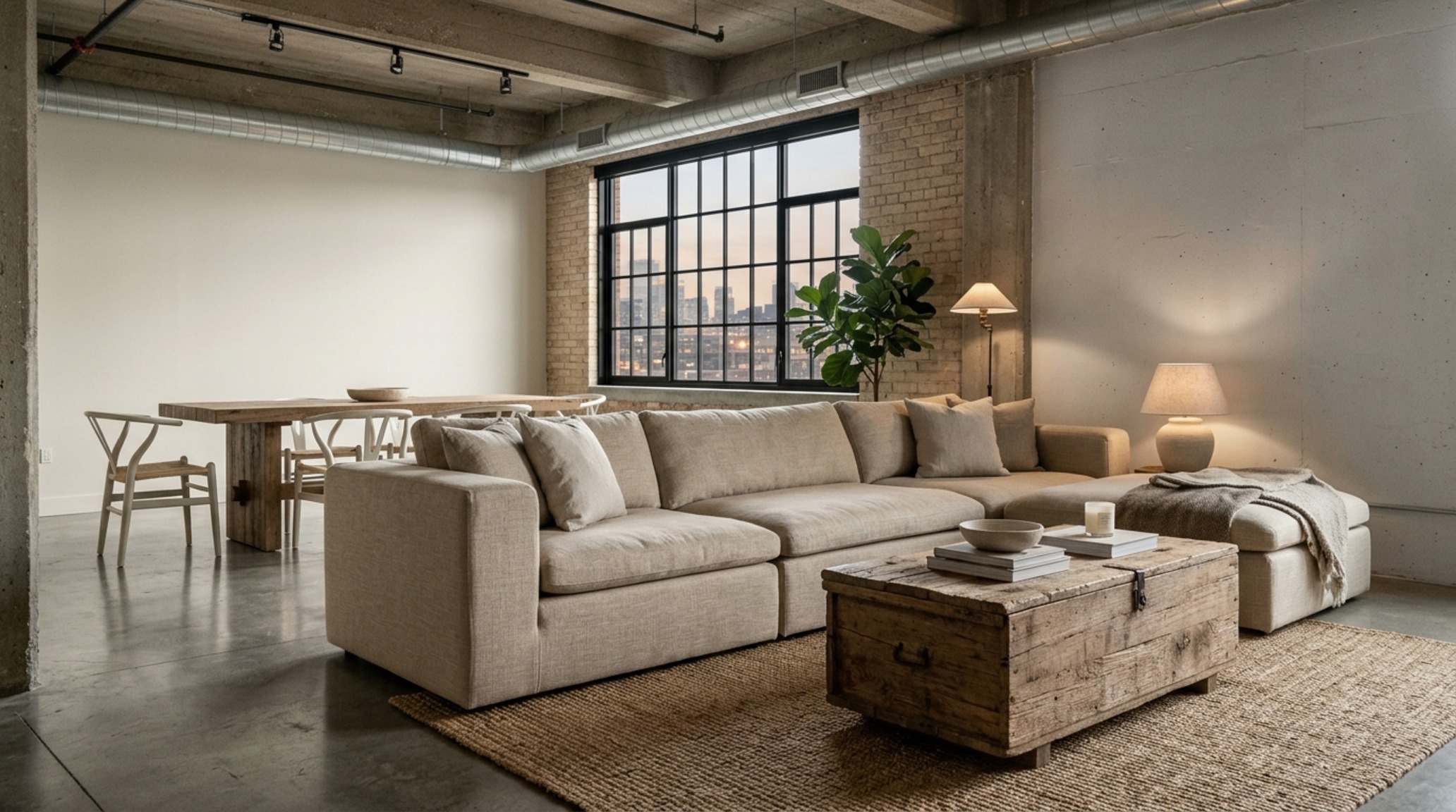 Modern modern rustic furniture ideas featuring a low-slung linen sofa with integrated wooden side trays in an open-plan living zone. Modern modern rustic furniture ideas featuring a low-slung linen sofa with integrated wooden side trays in an open-plan living zone.