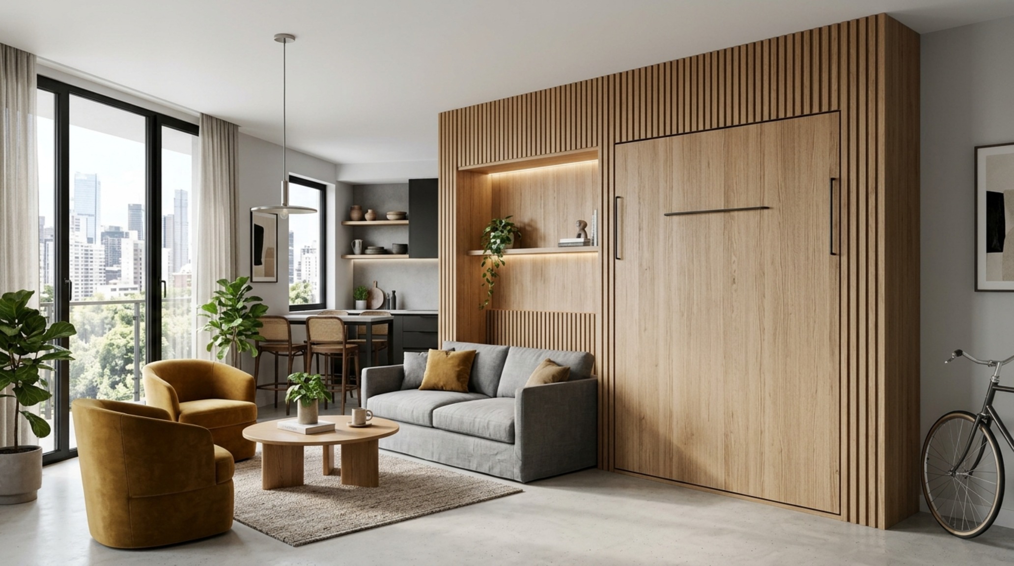 small space wall panels interior design displaying a hidden murphy bed integrated into a fluted wood panel wall for multi-functional living. small space wall panels interior design displaying a hidden murphy bed integrated into a fluted wood panel wall for multi-functional living.