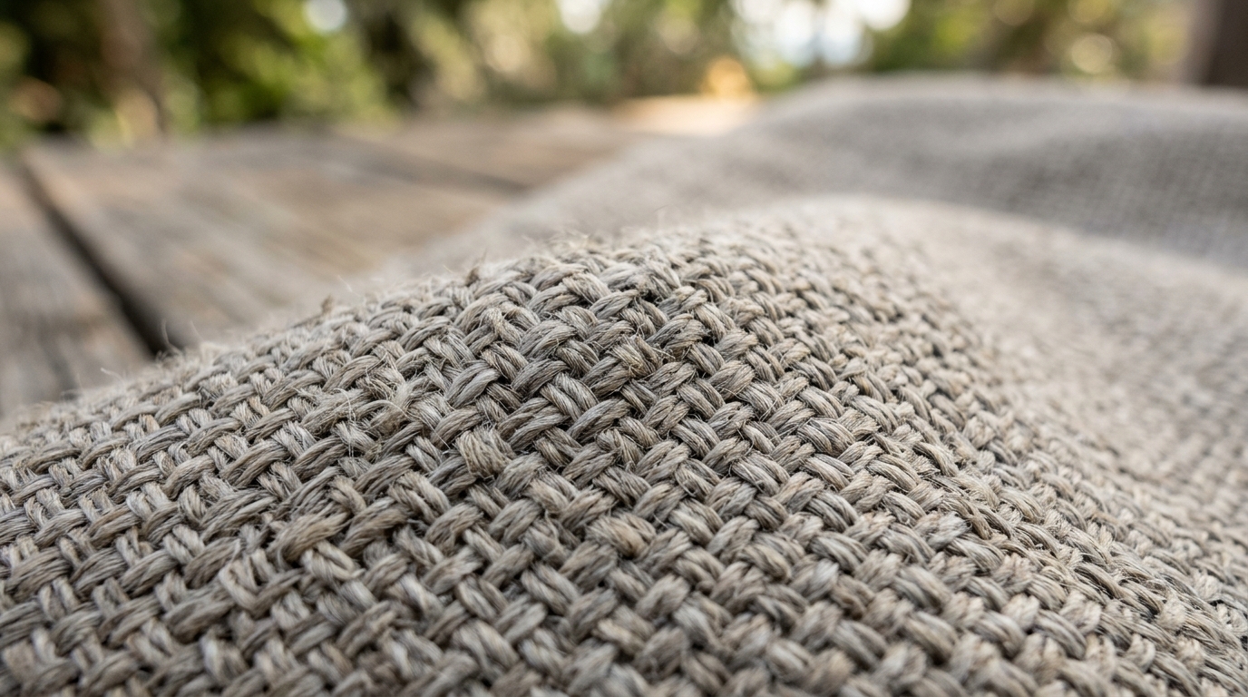 Detail of a grey woven performance fabric cushion on a teak chair, showcasing tactile grounding and durable luxury materials.