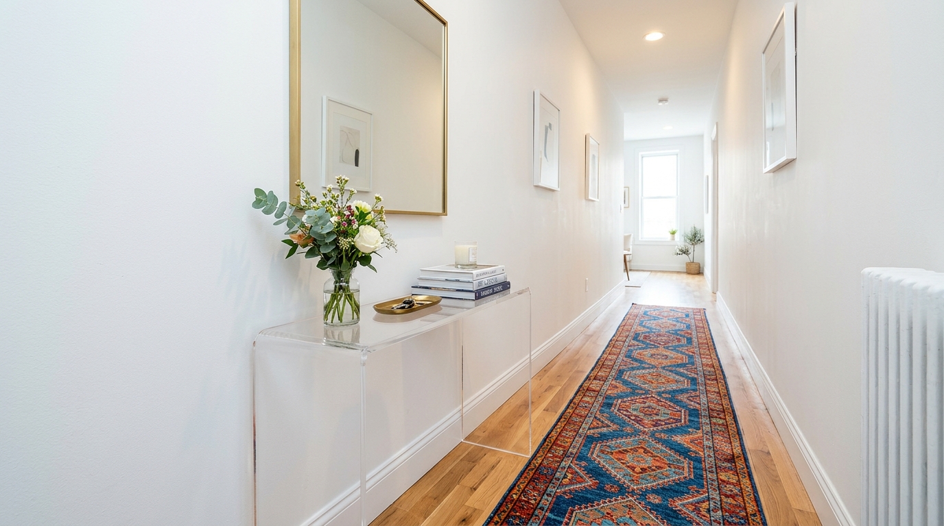 Small space narrow entryway ideas with a glass console table and a neutral rug to increase perceived volume.