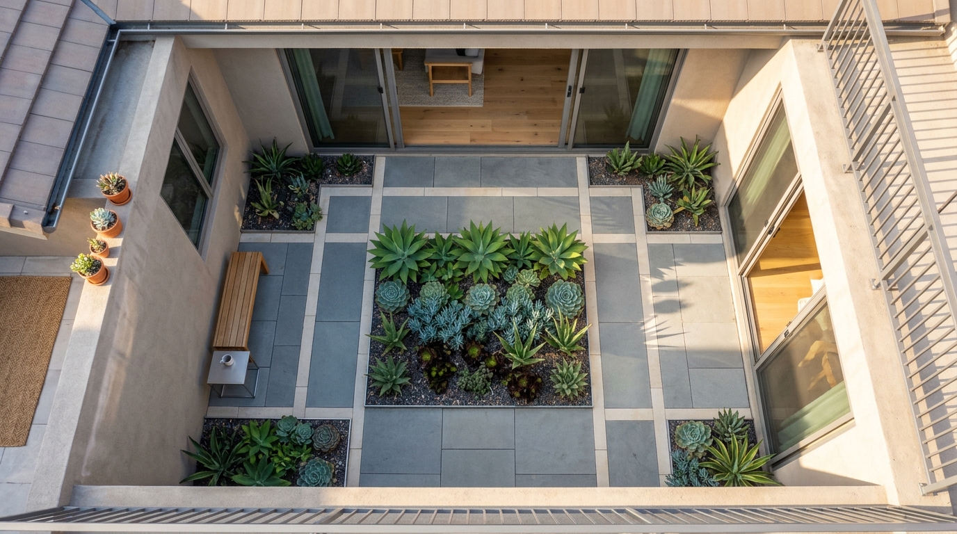 Overhead view of a compact internal garden within a glazed patio, featuring drought-tolerant plants and decorative gravel for low-maintenance small apartment balcony ideas.
