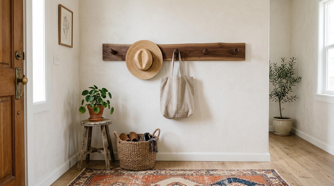 Small space narrow entryway ideas showing a vertical peg rail system with hats and woven bags against a neutral plaster wall. Small space narrow entryway ideas showing a vertical peg rail system with hats and woven bags against a neutral plaster wall.